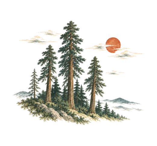 A grove of redwoods under a red sun